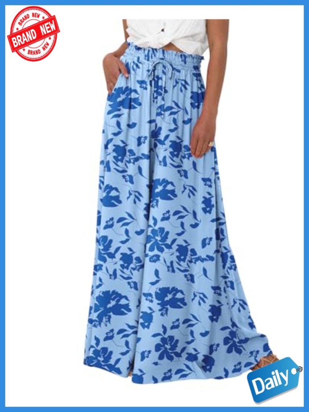Wide Leg Flowy Palazzo Pants Women Elastic Waist Trousers Pockets Boho